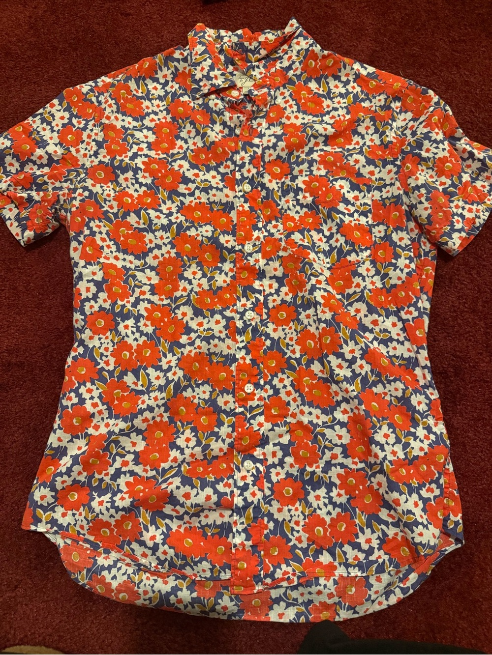 J. Crew Short Sleeve Cotton Poplin Shirt Navy Orange Flower Size Small Slim